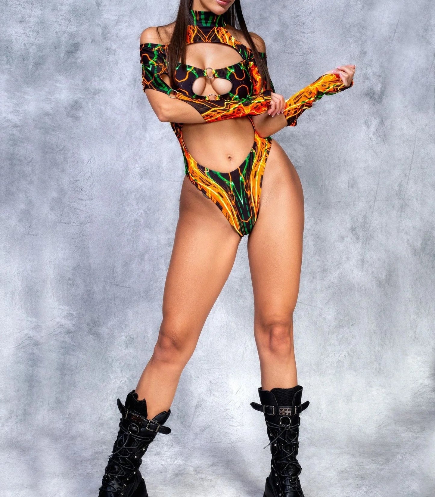 Neon Inferno Cut - Out Rave Bodysuit Luxury Ravewear by GLAM Ravewear