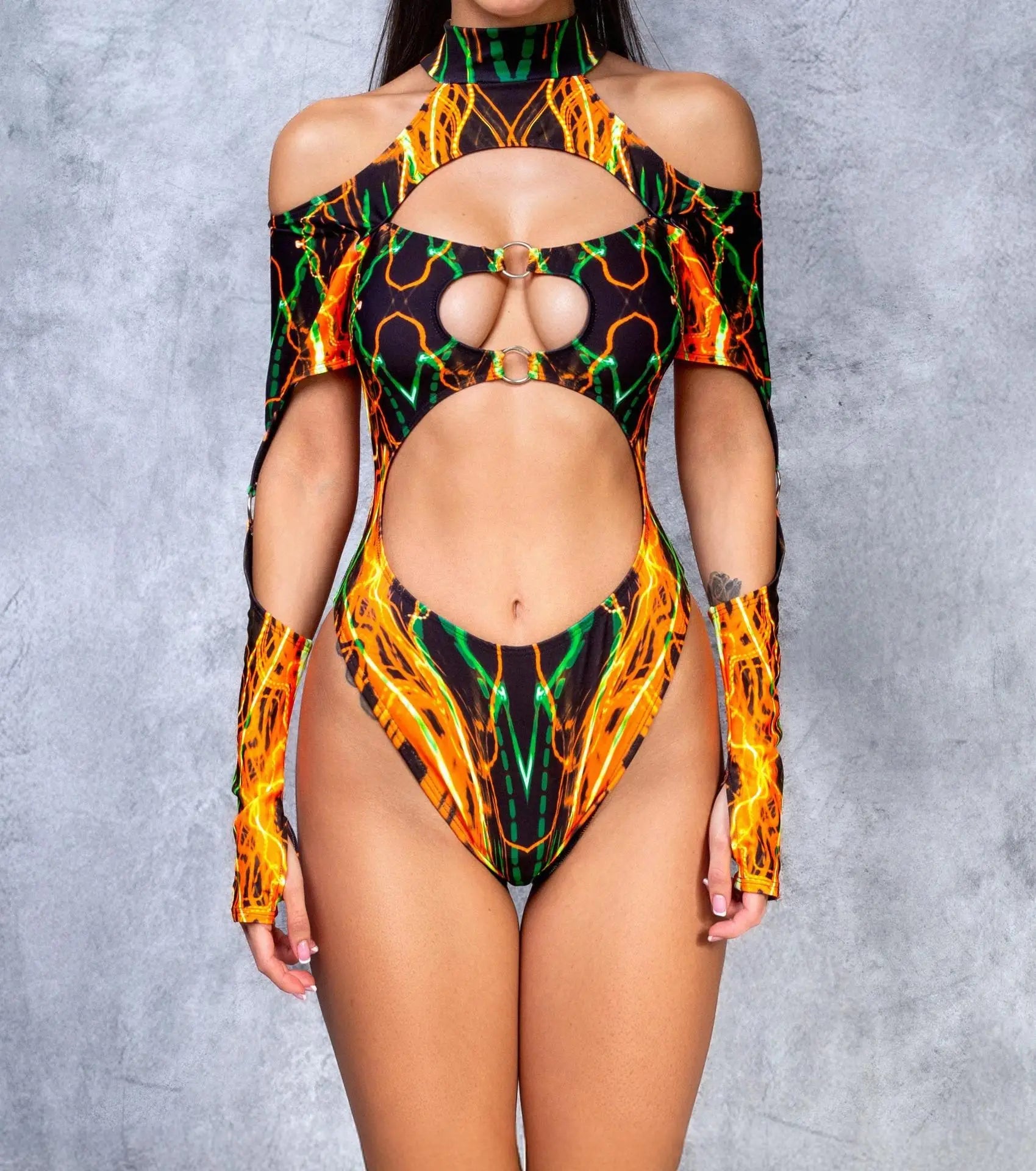 Neon Inferno Cut - Out Rave Bodysuit Luxury Ravewear by GLAM Ravewear