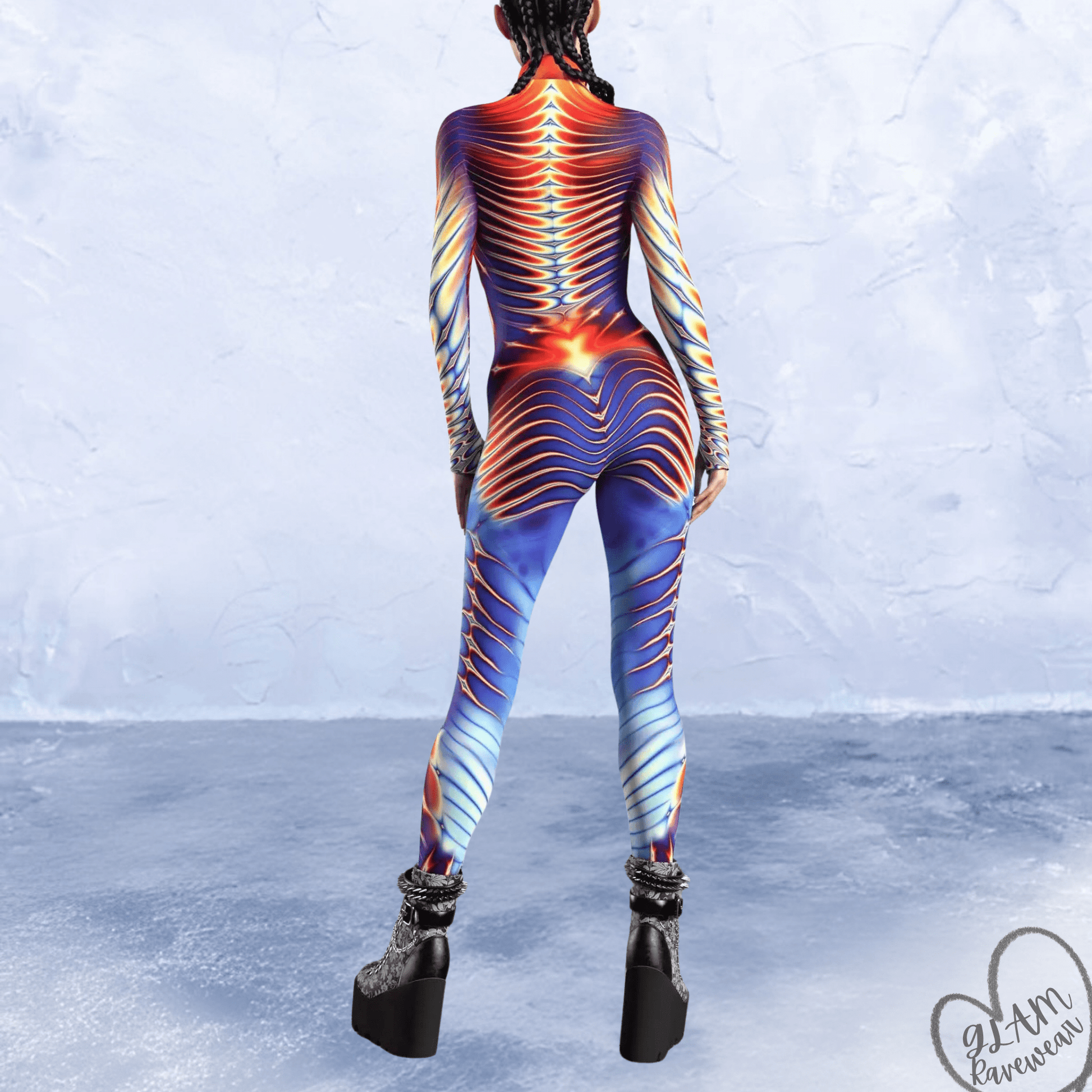neon pulse rave catsuit bodysuit back view full length neon festival outfit women