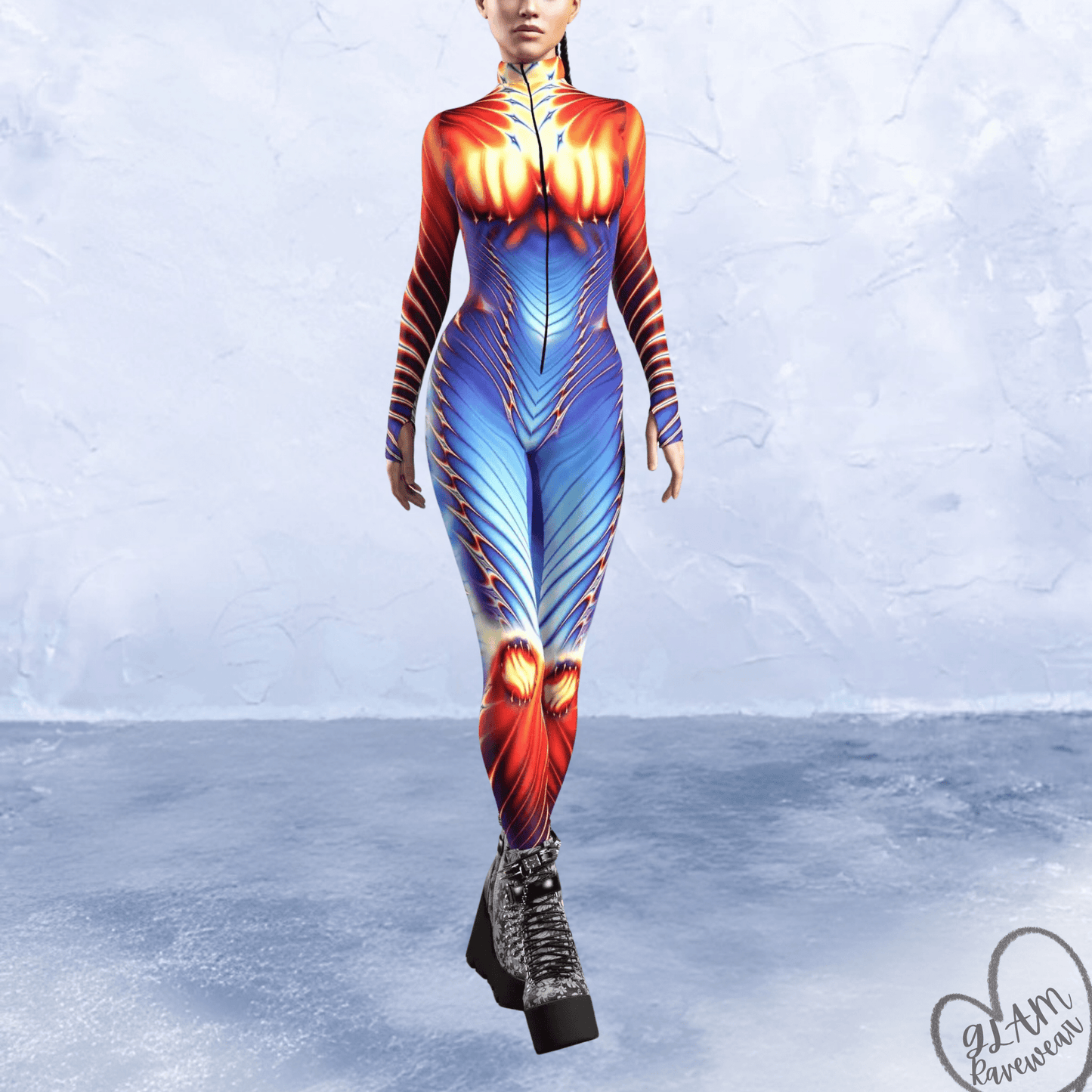 neon pulse full body rave catsuit bodysuit front view neon festival outfit glam ravewear