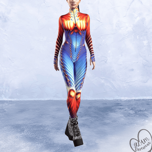 neon pulse full body rave catsuit bodysuit front view neon festival outfit glam ravewear