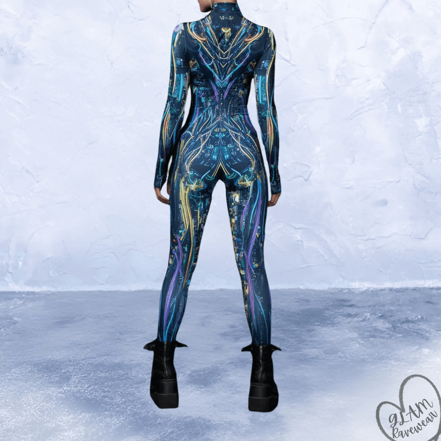 nightfall protocol rave catsuit bodysuit back view full length dark rave outfit women