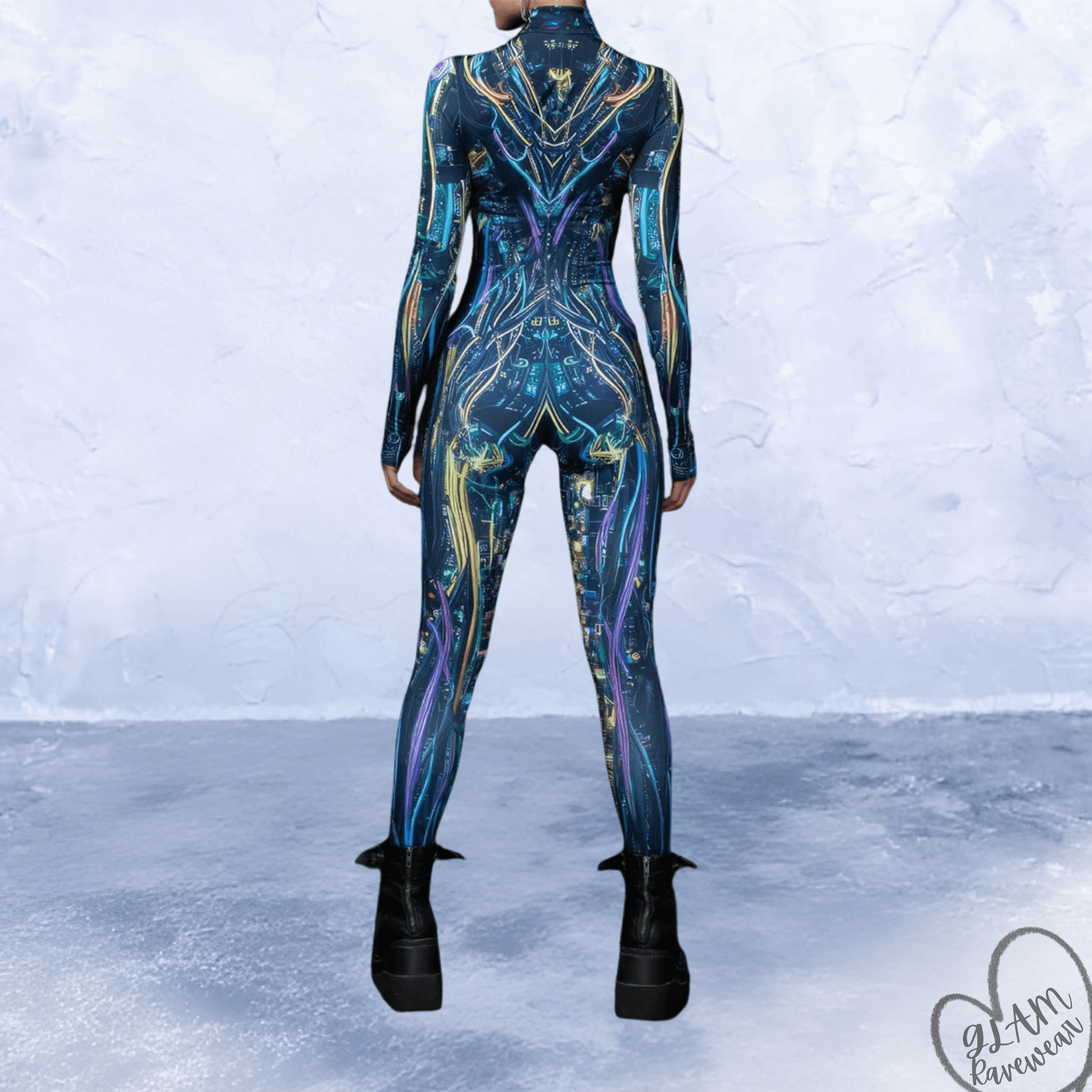 nightfall protocol rave catsuit bodysuit back view full length dark rave outfit women