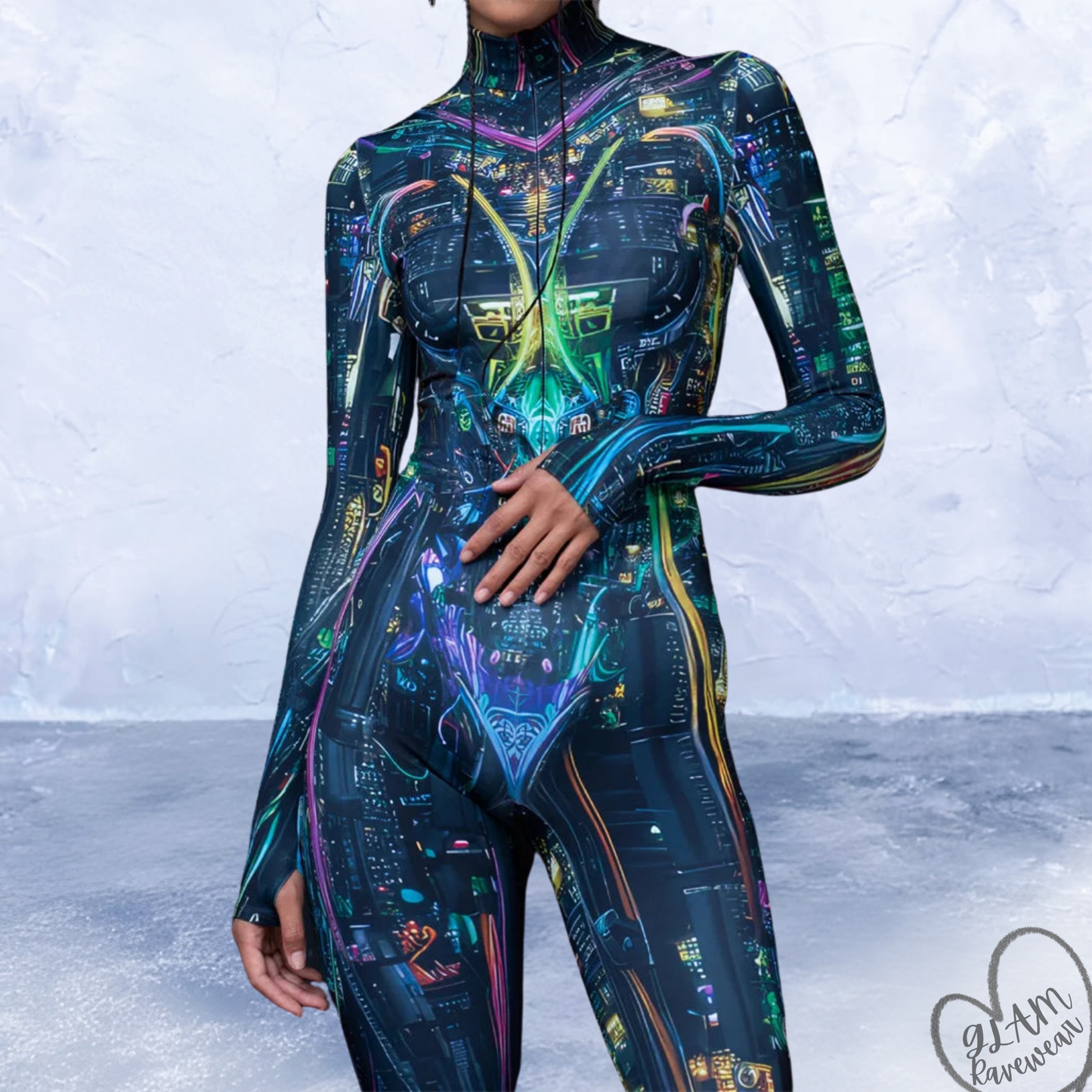 nightfall protocol rave bodysuit detail close up cyber pattern festival outfit