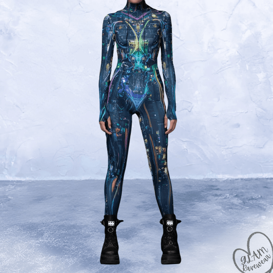 nightfall protocol full body rave catsuit bodysuit front view dark cyber festival outfit glam ravewear