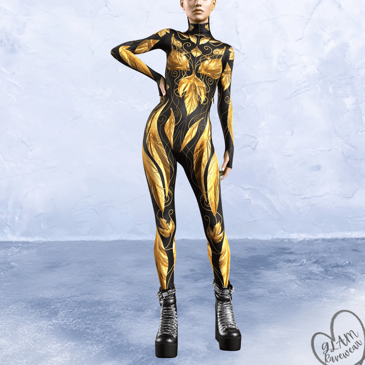 obsidian bloom full body rave catsuit bodysuit front view dark floral festival outfit glam ravewear