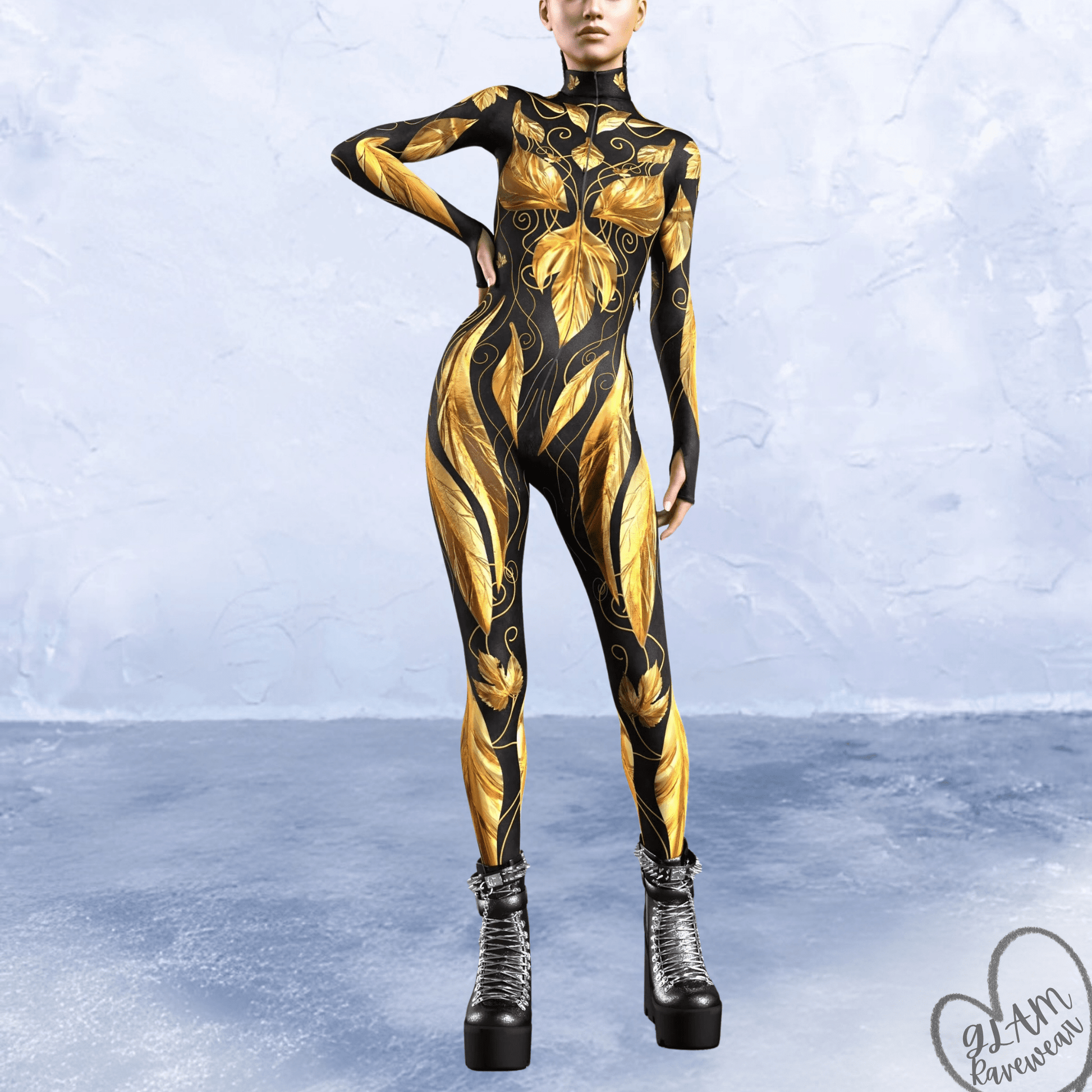 obsidian bloom full body rave catsuit bodysuit front view dark floral festival outfit glam ravewear