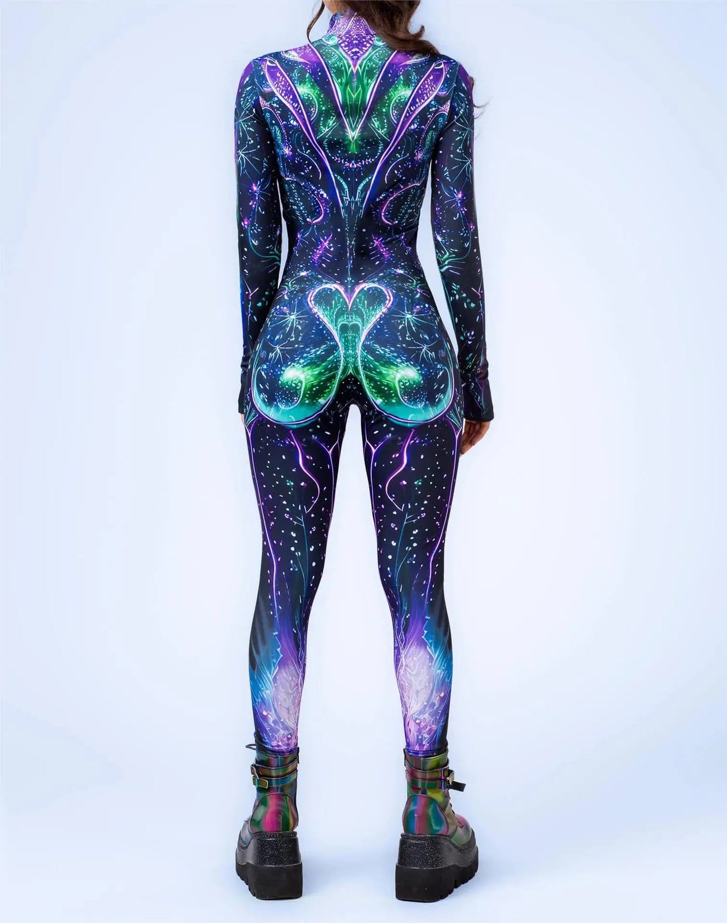 Psychedelic Neon Galaxy Bodysuit – High Neck Long Sleeve Rave Catsuit Luxury Ravewear by GLAM Ravewear