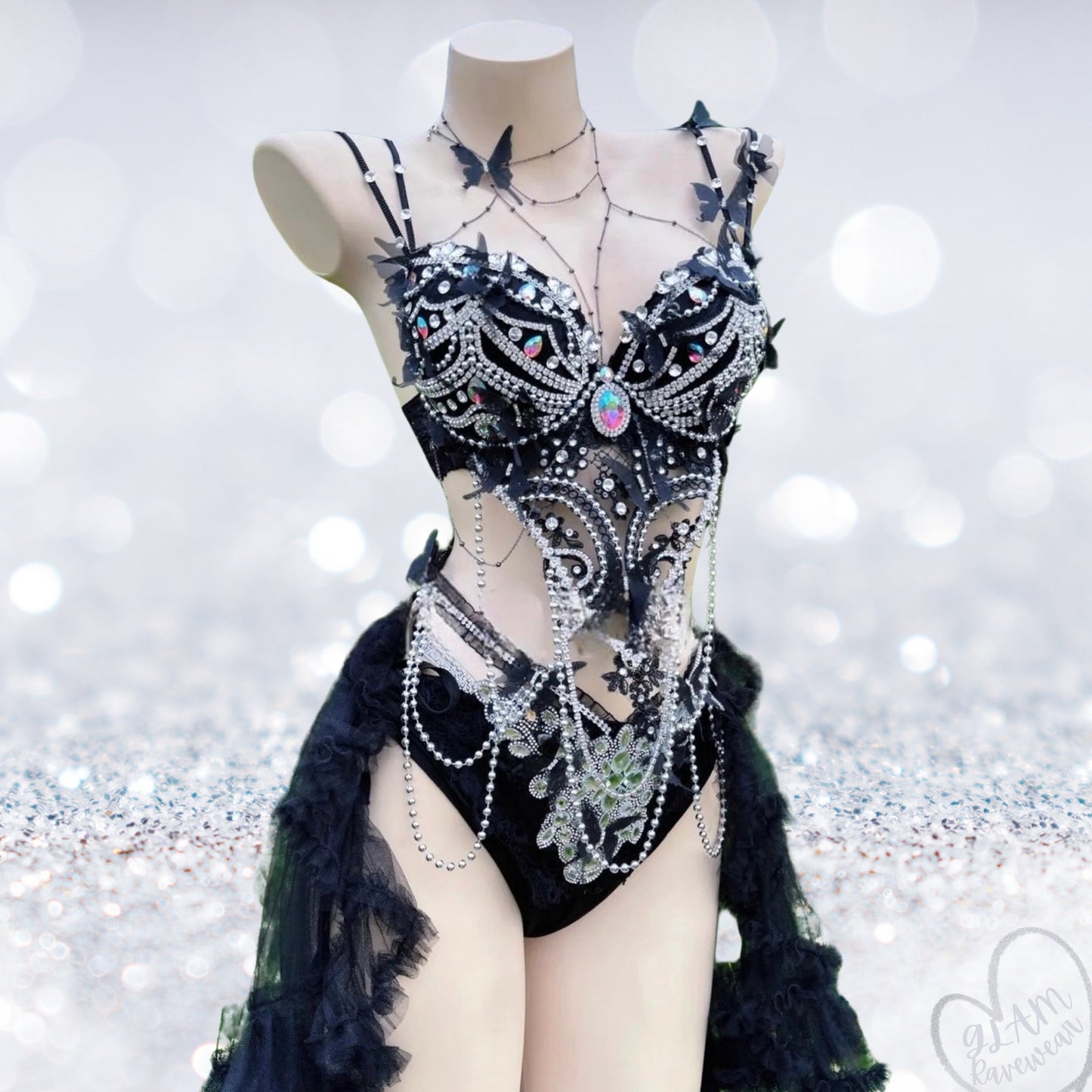 Shadow Seductress – Black Crystal Rave Bra & Mesh Skirt Duo Luxury Ravewear by GLAM Ravewear