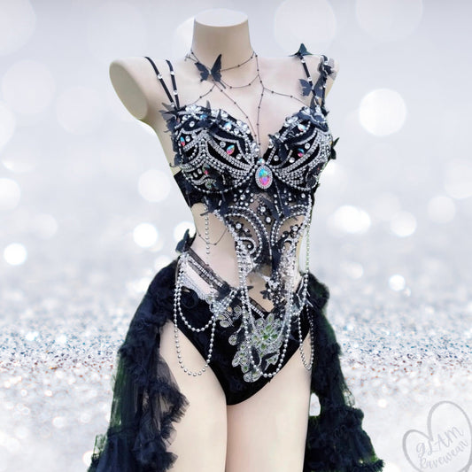 Shadow Seductress – Black Crystal Rave Bra & Mesh Skirt Duo Luxury Ravewear by GLAM Ravewear
