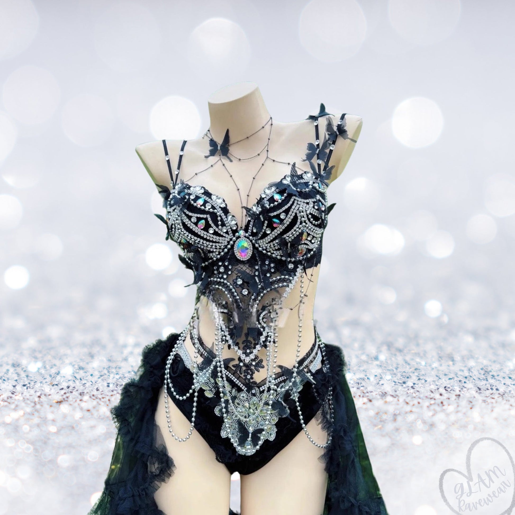 Shadow Seductress – Black Crystal Rave Bra & Mesh Skirt Duo Luxury Ravewear by GLAM Ravewear
