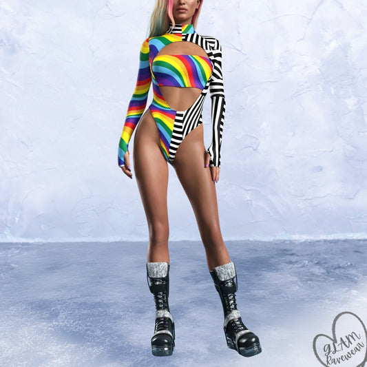 Technicolor Temptress Low - Cut Long Sleeve Rave Bodysuit Luxury Ravewear by GLAM Ravewear