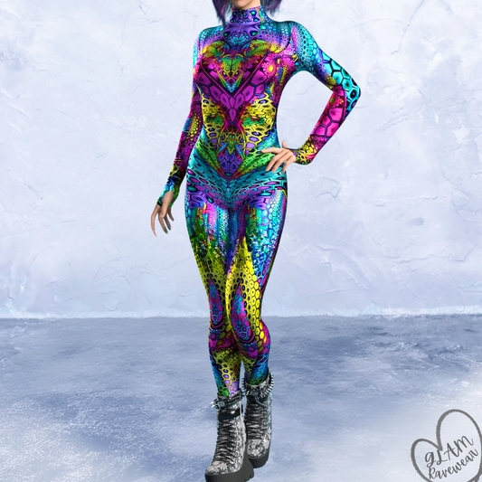 full body psychedelic rave catsuit toxic siren front view
