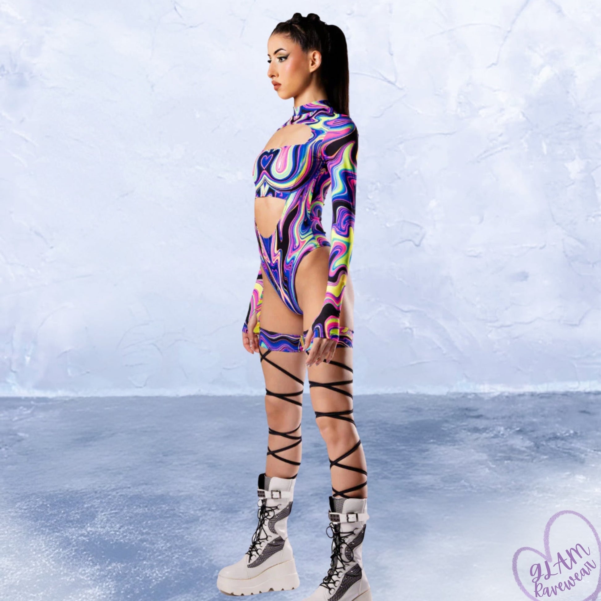 Trippy Vixen Low - Cut Long Sleeve Rave Bodysuit Luxury Ravewear by GLAM Ravewear