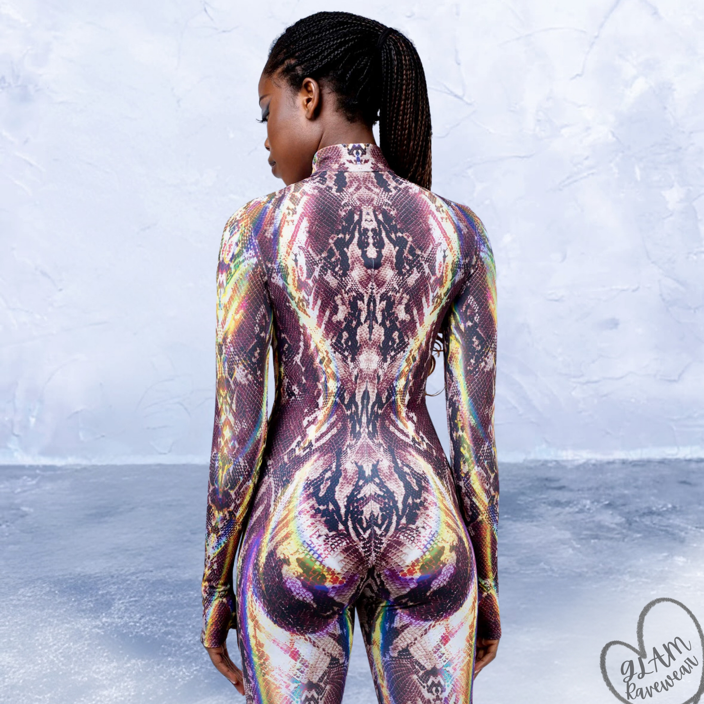 viper mirage rave catsuit bodysuit back view full length snake inspired rave outfit women