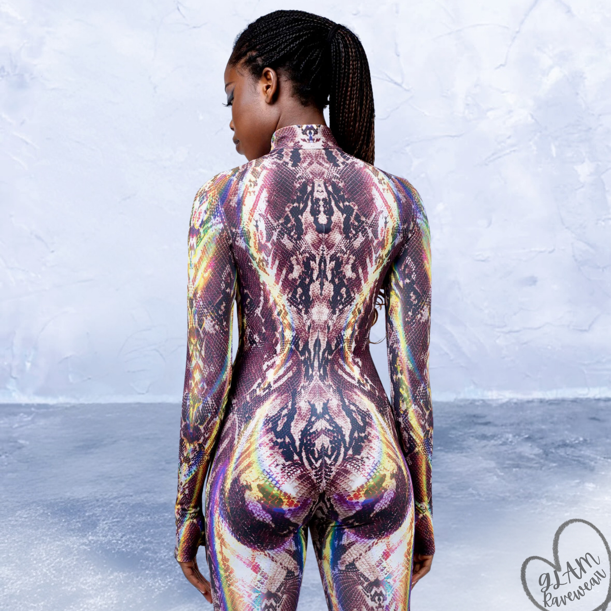 viper mirage rave catsuit bodysuit back view full length snake inspired rave outfit women