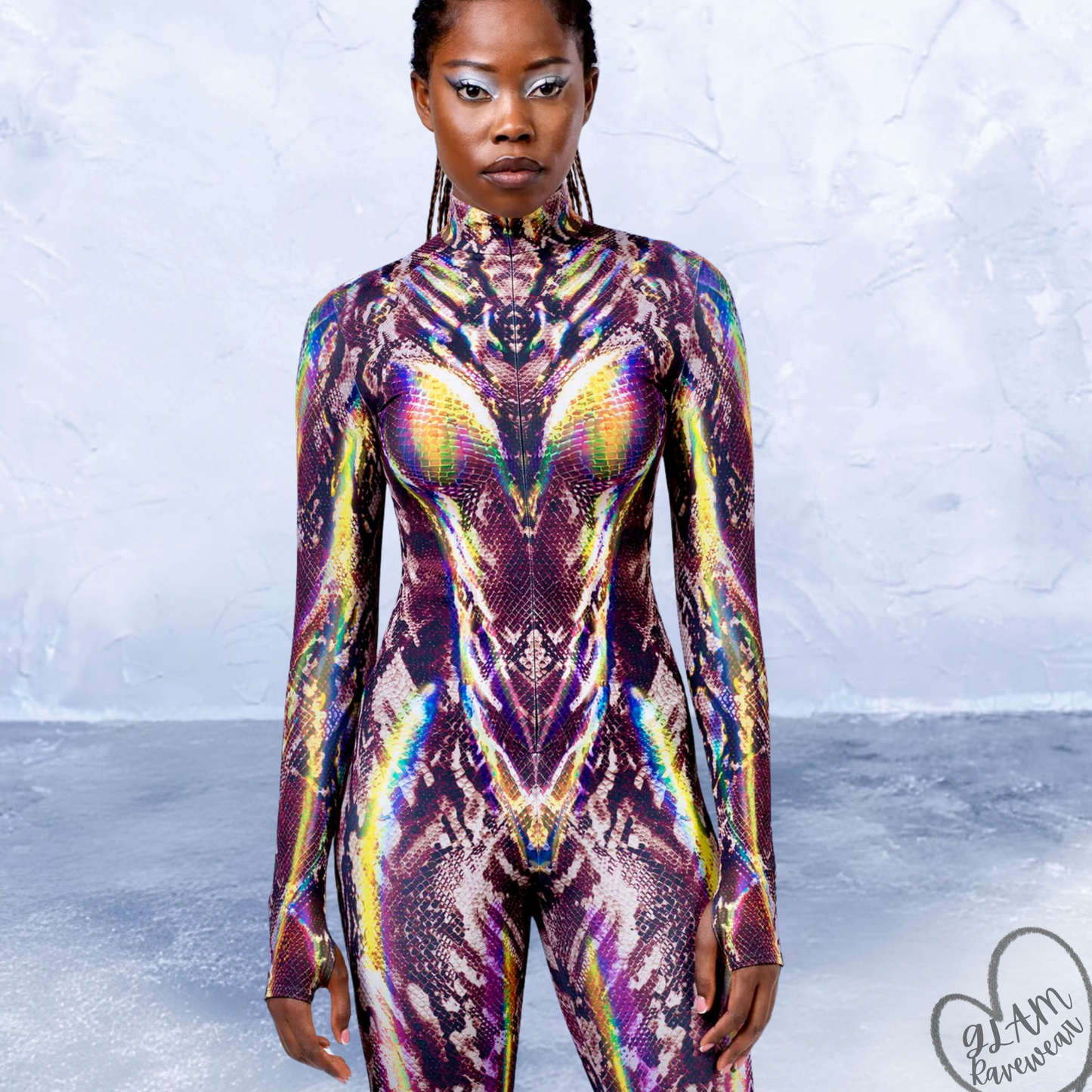 viper mirage rave bodysuit detail close up snake illusion pattern festival outfit