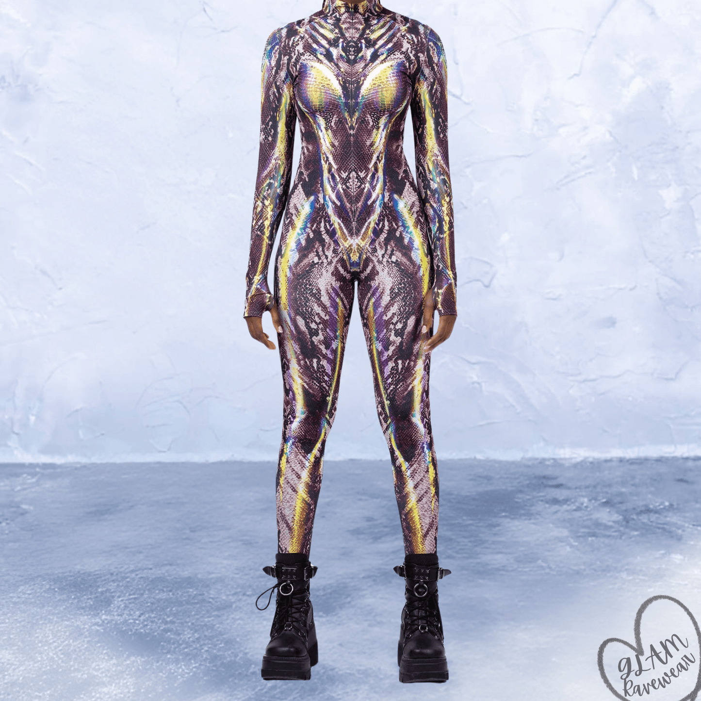 viper mirage full body rave catsuit bodysuit front view snake pattern festival outfit glam ravewear