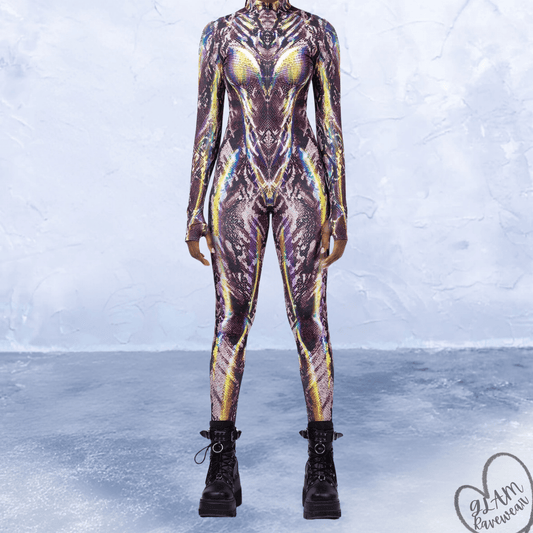 viper mirage full body rave catsuit bodysuit front view snake pattern festival outfit glam ravewear